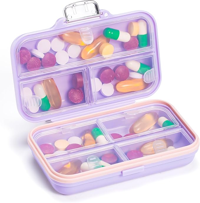 Daviky Travel Pill Organizer,Large 7-Compartment Pill Box for Vitamins & Medications, Compact Medicine Case for Pocket or Purse(Purple)