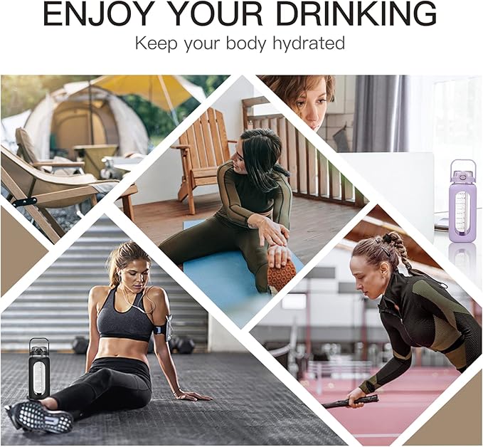 42oz/52oz/64oz Glass Water Bolttles with Straw Half Gallon Large Motivational Water Bottle with Time Marker Sports Water Bottles with Silicone Sleeve and Handle Lid Water Jug for Gym Workout