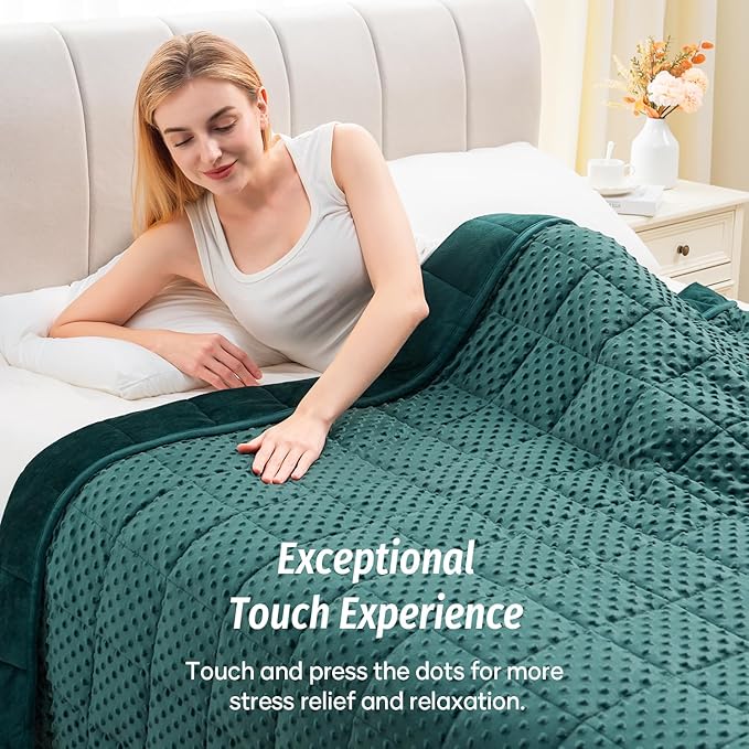 Wemore Minky Dot Weighted Blanket for Adults Twin Size 15 lb, Soft Heavy Blanket for Stress Relief and Sleep Promotion, Breathable Blanket for All-Season with Glass Beads, Dark Green 48 x 72 inches