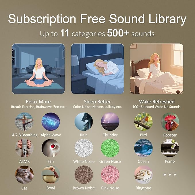 Hotmoon Alarm Clock with Sound Machine for Sleep, Luna Pro Dual-Stage Alarm, 507 Relaxing Sounds, Smart Night Light & Timer, Pink Green Brown White Noise Machine for Sleeping, Plug in, Cool Gray