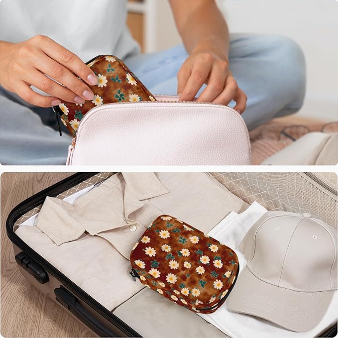 Floral Retro Brown Pill Case Everyday Travel, 7 Day Weekly Medicine Pill Box Compact Portable Pills Bottle Organizer with Zipper for Daily Vitamin Medicine Holder Bottle Organizers Bag