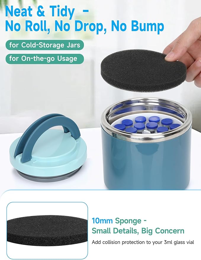 3ml Peptide Case for Fridge Vial Inserts with 22oz Food Jar, Peptide Fridge Case/Peptide Travel Case TSA Approved, Holds 28 Vials, Peptide Storage - Fridge/Travel Safe (Blue Jar and White Insert)