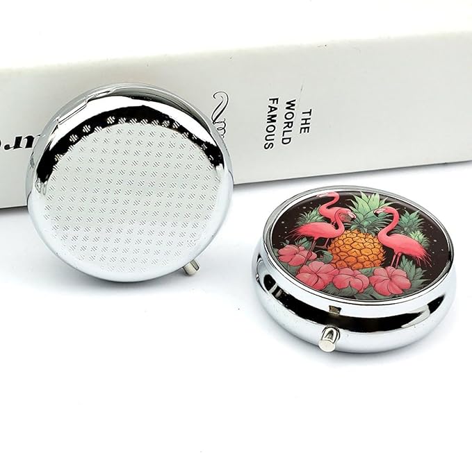 Pineapple Flamingos Pill Box Travel Pill Case for Purse Pocket Weekly Medicine Organizer with Mirror 3 Compartment Round Medicine Case Portable PillcaseHolder for Daily