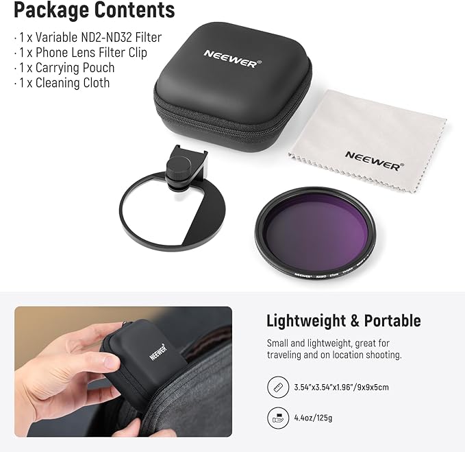 NEEWER 67mm Clip On Variable ND Filter Kit with Cold Shoe Phone Clip, Adjustable ND2-32 Filter Compatible with iPhone 17 16 15 Pro Max Plus Android Samsung Galaxy S24 S25 Ultra