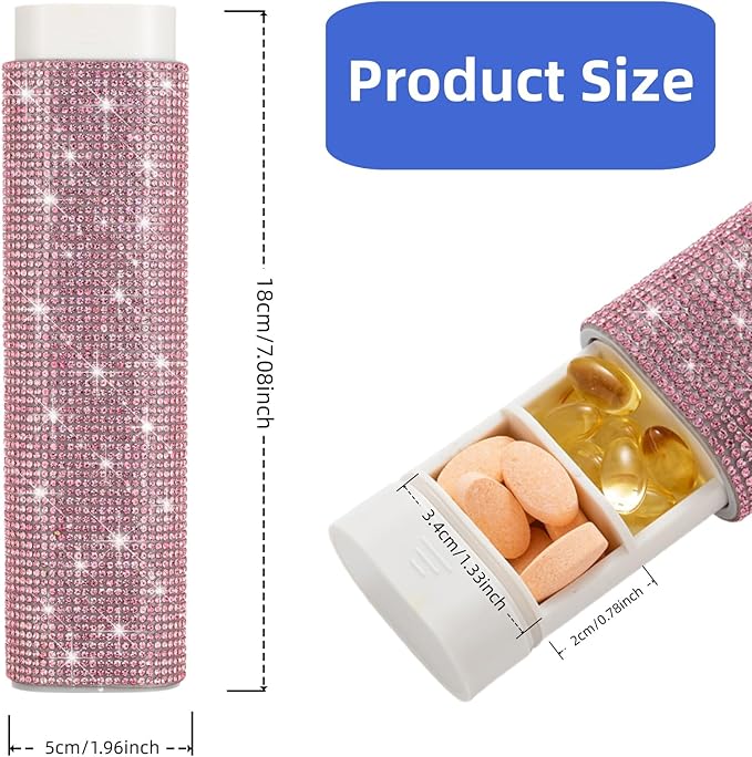 Pill Case for Purse Bling 7-Day Pill Organizer Weekly Compact Medicine Containers Travel Medication Box Holder for Traveling Women(Pink)