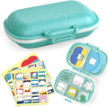 1Pack Travel Pill Organizer & 56 Medicine Name Stickers, 8 Compartments Portable Pill Case, Small Pill Box for Pocket Purse Portable Medicine Vitamin Container with Stickers (Blue with Stickers)