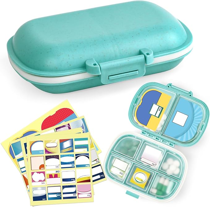 1Pack Travel Pill Organizer & 56 Medicine Name Stickers, 8 Compartments Portable Pill Case, Small Pill Box for Pocket Purse Portable Medicine Vitamin Container with Stickers (Blue with Stickers)