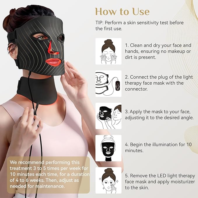 LED Light Therapy Mask Skin Care Mask, LED Red 630±5nm & NIR 830nm Wavelength for Home Use (High-end black)