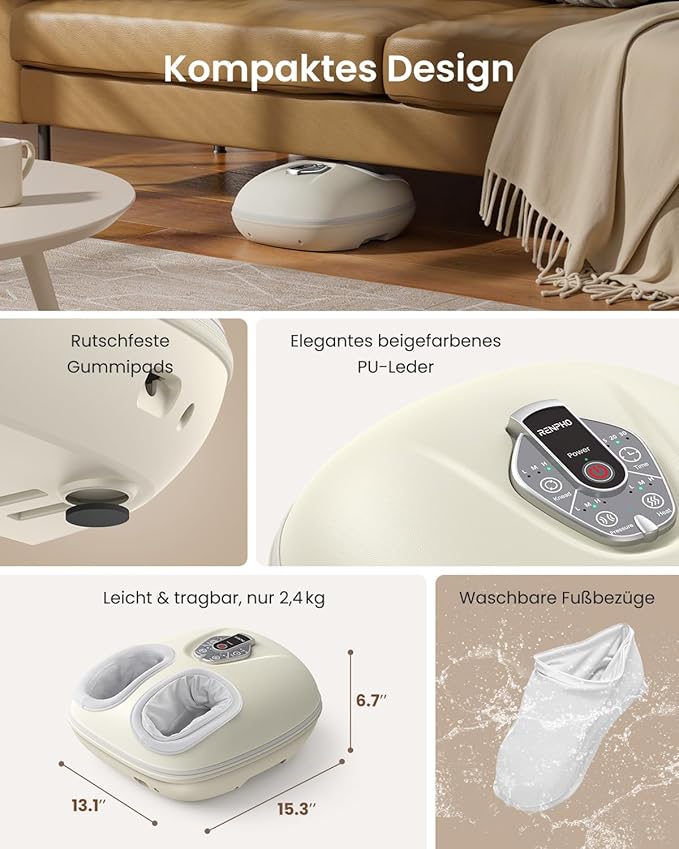 RENPHO Foot Massager Machine with Heat [2026 Upgraded], Shiatsu Foot Massager for Plantar Fasciitis, Birthday Gifts for Women Men, Cordless Control, Exclusive Voice Control, Beige