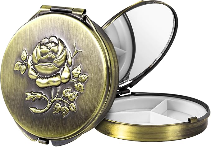Portable Round Metal Pill Case with Mirror, Featuring 3 Compartments—Perfect for Travel. BPA-Free. (S-Bronze, Small)