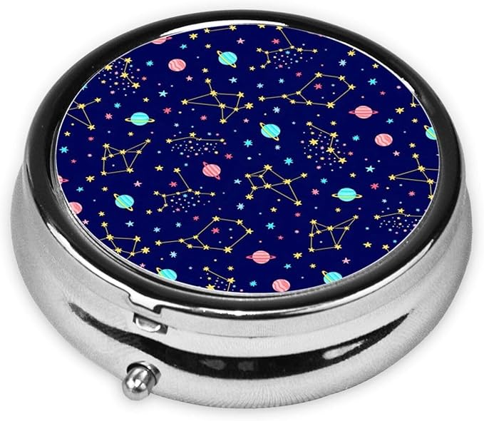 Blue Zodiac Galaxy Starry Night Stars Glow in The Dark Midnight Custom Round Silver Pill Box Pocket Medicine Tablet Holder Organizer Case for Purse