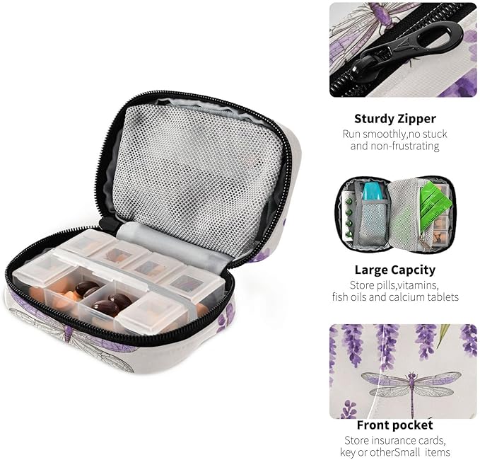 Travel Pill Case Lavender Flowers and Dragonfly Weekly Small Pill Box 7 Day Pill Box Pill Organizer Bag