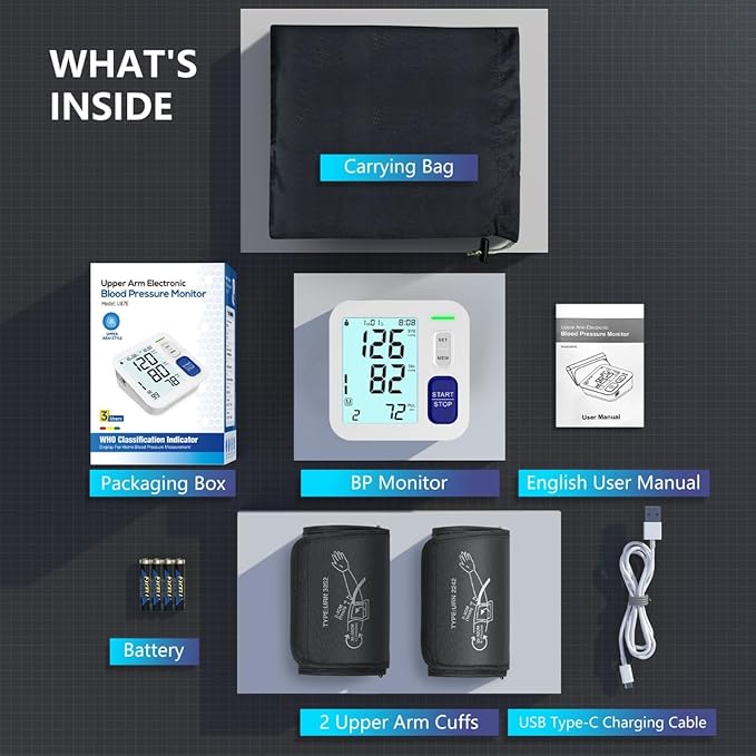 Blood Pressure Machine Upper Arm, 2 Size Cuffs Included, Medium/Large 9"-17" and Extra Large XL Cuff 13"-21" for Big Arms, Accurate Automatic Digital BP Monitor Home Use, Large Backlit LCD, 3 Users