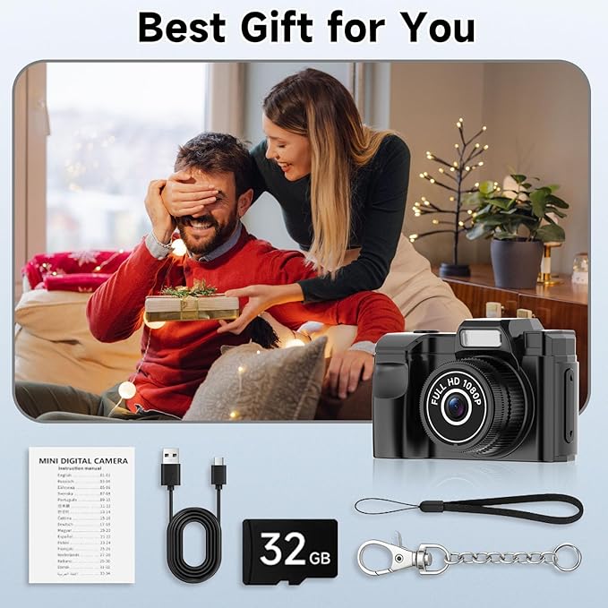 Mini Keychain Camera, Retro Snap Mini Digital Camera, 1080P Tiny Pocket Video Camera Vintage Portable Small Camcorder for Travel Vlogging, Video Recorder with 32GB Card, Black