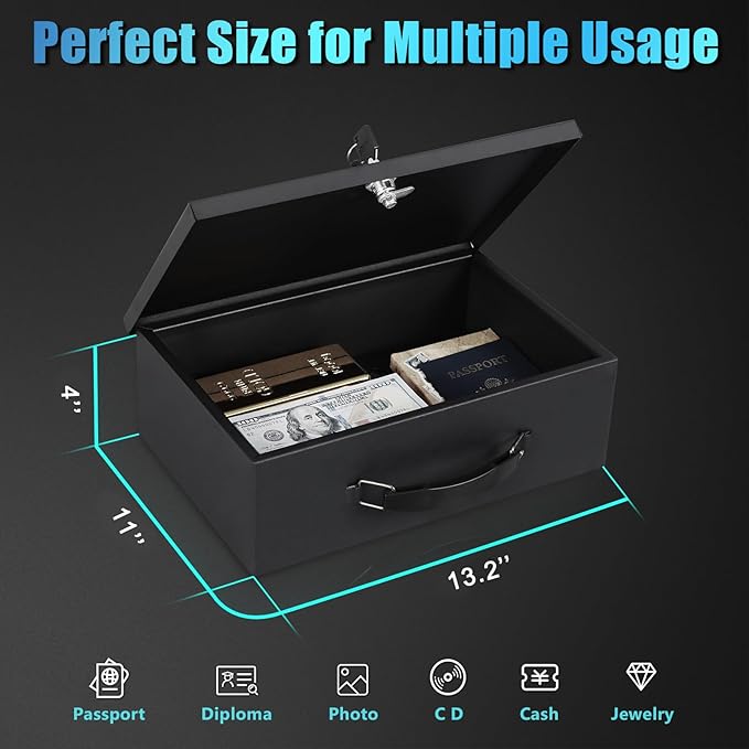 xydled Fire Resistant Safe Fire Safe Box with Key Lock for Home Office Security Storage for Valuables Documents,13.2 x 11 x 4 Inch,Black
