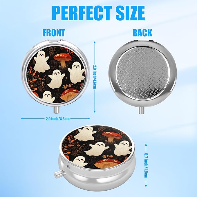 Funny Ghost Mushroom Pill Case, Pill Box 3 Compartments Metal Small Pill Holder with Mirror Mini Travel Pill Container for Purse Pocket Women Men