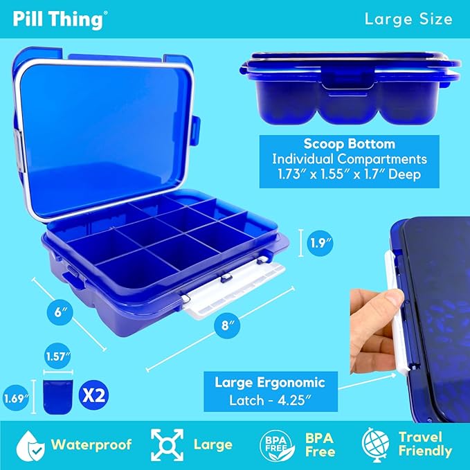 2-Pack Pill Organizer Set – Cobalt Blue | Extra-Large 20-Compartment & Customizable 12-Compartment Pill Cases | Waterproof, UV Protection, Travel Pill Box (Blue Combo Pack - 20 & 12)