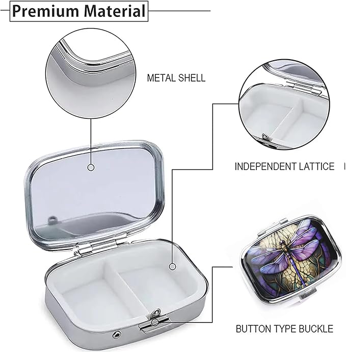 WATASSA Pill Box with Animal Style Mirror All-in-One 2-Compartment Portable Medicine Organizer, Marble Pattern Travel Pill Case for Vitamins&Daily Medication(Fits Pocket/Purse) (Violet Dragonfly)