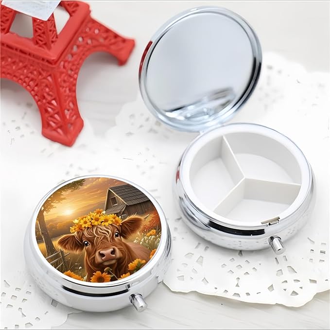 Pill Box 3 Compartment Pocket Small Pill Organizer Mini Metal Pill Holder Travel Portable for Man Woman Old People and Children - Highland Cow