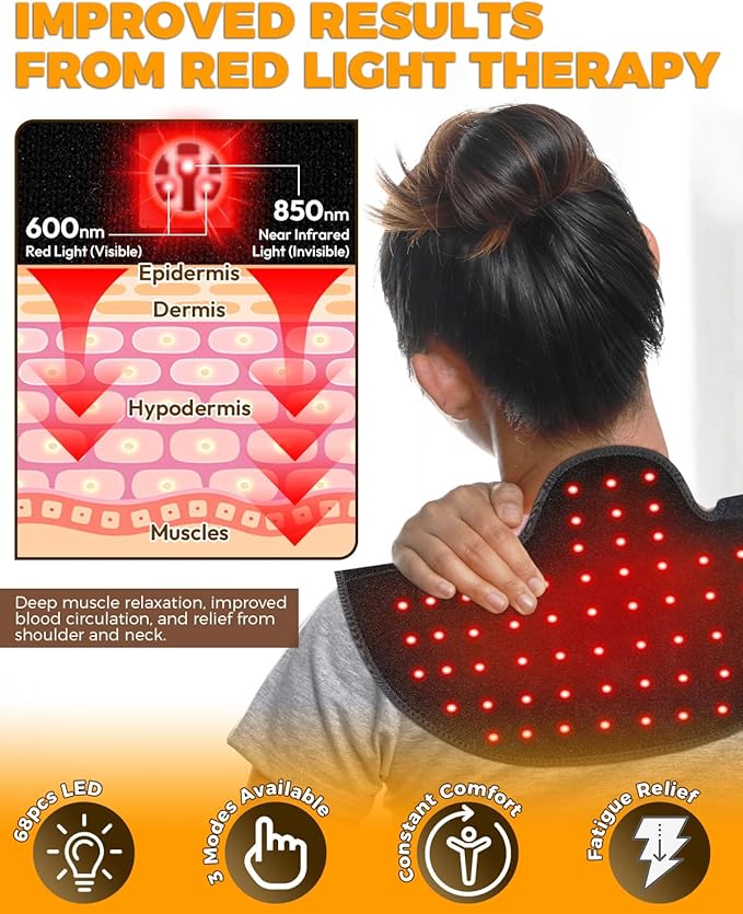 Red Light Therapy for Neck Shoulder with Vibration Massage, 660nm & 850nm Infrared Light Therapy Wrap, Cordless Portable Rechargeable Red Light Therapy for Shoulder (Black)