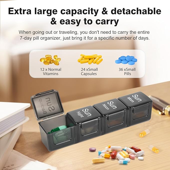 Large Weekly Pill Organizer, 4 Times a Day, 7-Day Moisture-Proof Pill Box with 28 compartments, Capable of Accommodating Large Amounts of Vitamins, Supplements, Fish Oil, and Medicine (Black)