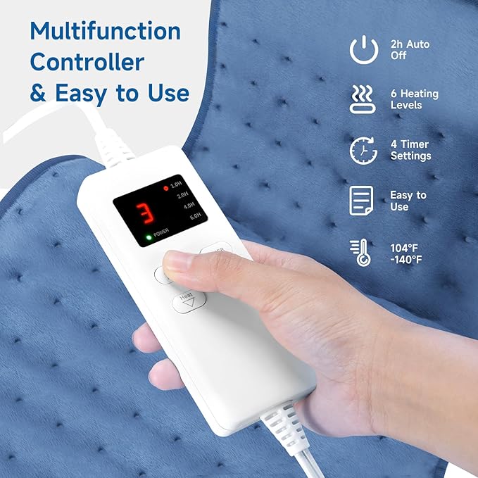 Electric Heating Pad for Neck and Shoulder and Back Muscle Pain Relief, 20"x24" Large Heating Pad 6 Heat Settings Heat pad Christma s Gifts for Men (Blue)