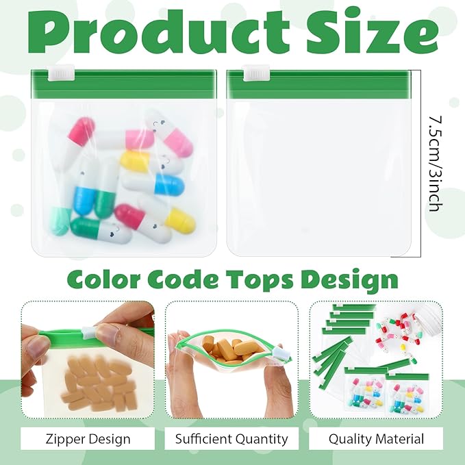Handepo 24 Pieces Pill Pouch Bags Zippered Set Reusable Translucent Medicine Organizer Sealing Travel Plastic Bags with Slide Lock for Storage (Grass Green)