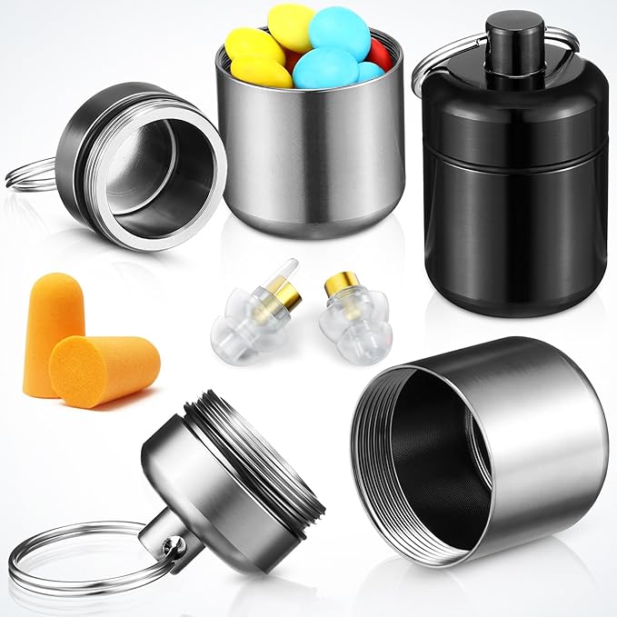 Hicarer 4 Pack Ear Plug Carrying Case, Waterproof Metal Ear Plug Holder with Keychain, Portable Small Pill Case Container for Earplugs, Jewelry, Pill Organizer for Travel or Sports(Black, Gray)