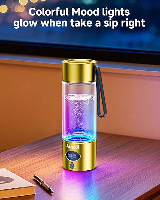 Hydrogen Water Bottle - 5000 PPB in 8 Minutes, Cyclic Mode for 8 Hours, Self Clean, Aluminum & Glass, for Travel Sports Office Home, Gift for Father Mom Family Friends Clients(Gold, 12Oz)
