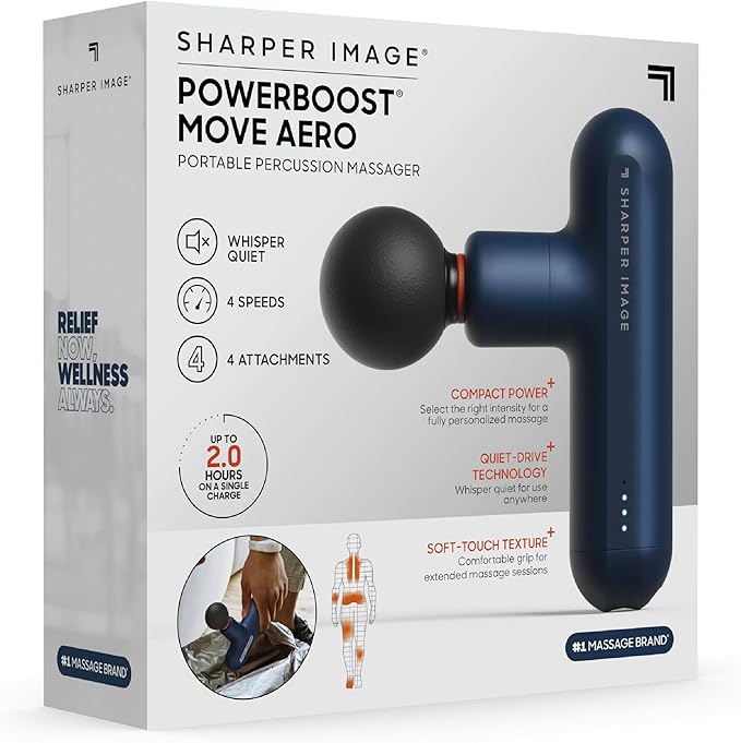Sharper Image Powerboost Move Aero [New 2026 Version] Mini Deep Tissue Percussion Massage Gun| Muscle Recovery & Pain Relief Massage Tool| Full Body Back & Shoulder Massager| Gift for Men Women