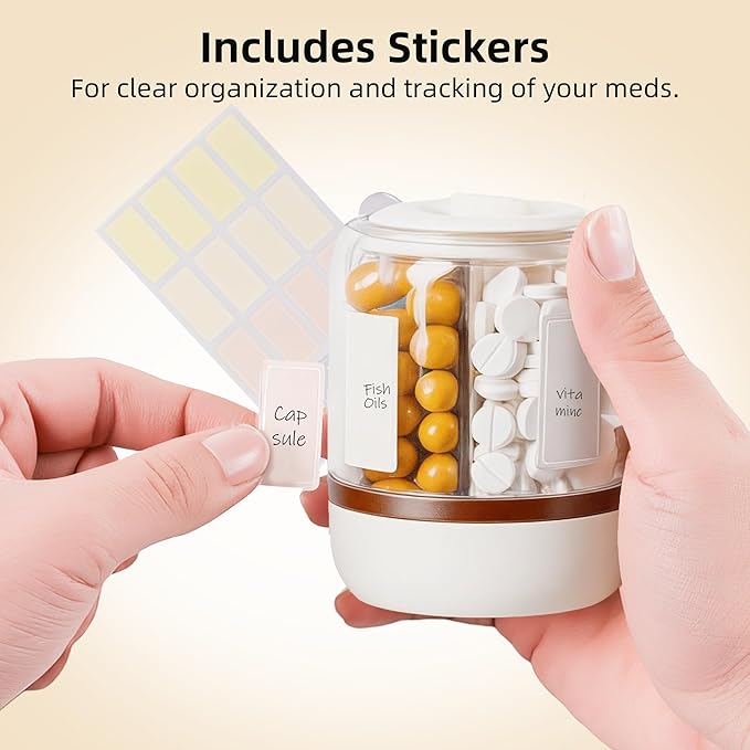 4 Compartments Pill Bottle Organizer, Anti-Mix Travel Pill Dispenser with Safety Lock, Pill Case with 16pcs Labels, Cute Pill Organizer for Seniors, Caregivers & Daily Vitamin Management(Brown)
