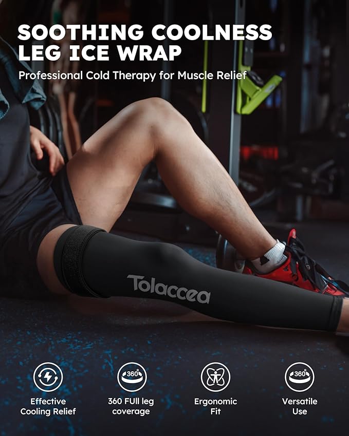 Tolaccea Full Leg Ice Pack Wrap with 360° Coverage with Strap for Muscle Recovery After Exercise, Ice Pack Wrap Around Entire Leg for Pain Relief, Foot Calf and Thigh Legs Shins Hamstrings (Large)