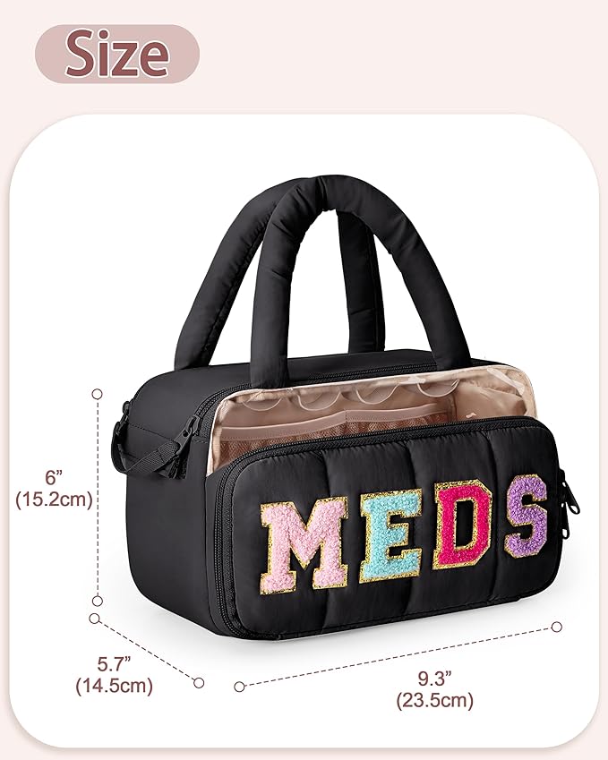 Fasrom Chenille Letter Medicine Bag, Preppy Patch Meds Bags for Travel, Pill Bottle Organizer with Puffy Handles, Portable Cosmetic Toiletry Storage Makeup Case for Women, Black (Bag Only)