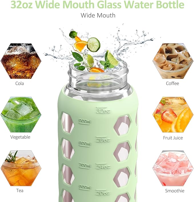 MUKOKO Glass Water Bottles,32oz Glass Tumbler with Straw,Drinking Bottles with 2 Lids-Handle Spout Lid&Bamboo Straw Lid,Motivational Water Bottle with Time Marker and Silicone Sleeve,1 Pack-Mustard