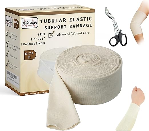 Tubular Compression Bandage Size B (2.5” x 33 ft) – Elastic Stockinette Support Sleeve for Small Knee, Elbow, Forearm, Calves, Full Arm – Cut-to-Fit, Washable Reusable, No Tape – Plus Medical Scissors