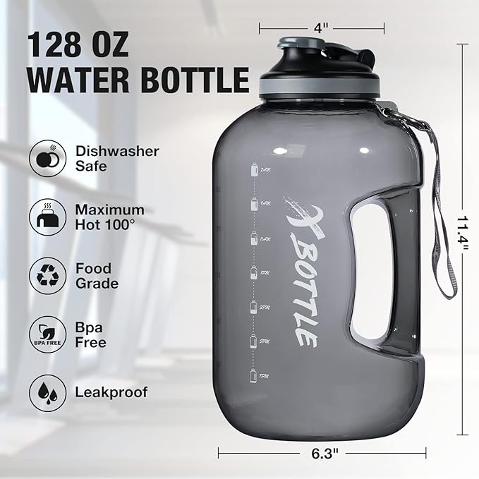 1 Gallon Water Bottle with Chug lid, BPA Free Dishwasher Safe 128oz Large Water Bottle with Motivational Time Marker and Handle Leak-proof Big Water Jug for Camping Sports Workouts (chug lid)