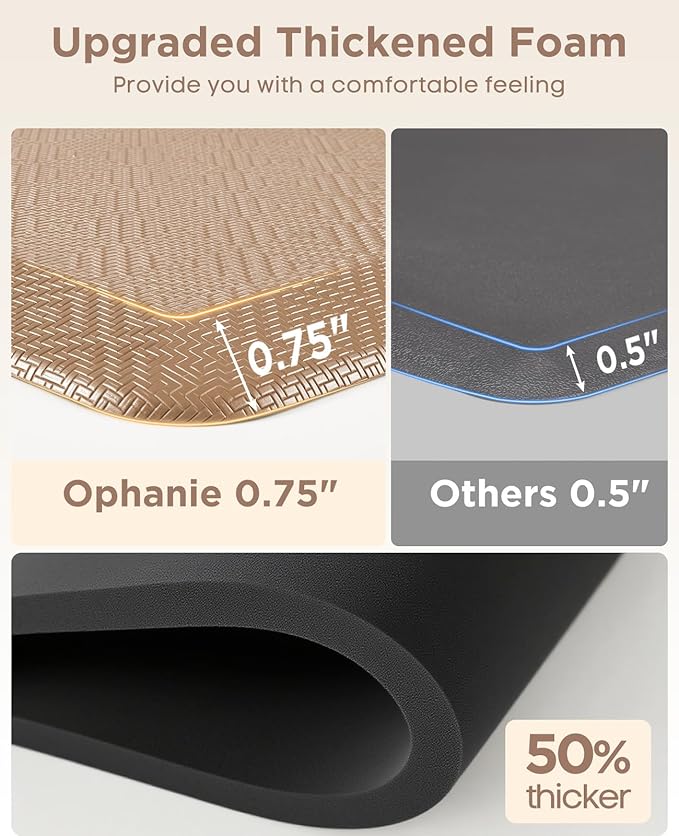 Ophanie Kitchen Mats for Floor, 3/4 Inch Thick Kitchen Rugs, 24'' x 70'' Anti Fatigue Standing Cushioned Mat, Waterproof,Comfort Ergonomic Mat for Office, Home, Sink, Beige Non-Slip Bottom