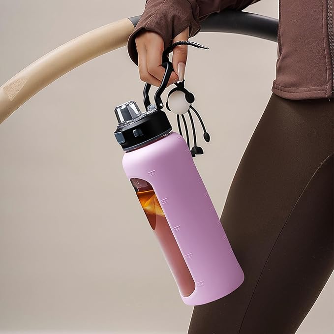 Kodrine Glass Water Bottle 32 oz-Light Purple/Borosilicate Glass Motivational Water Bottle with Straw and 2 Lids,Silicone Sleeve,Time Marker,Dishwasher Safe and BPA Free for Travel,Sports