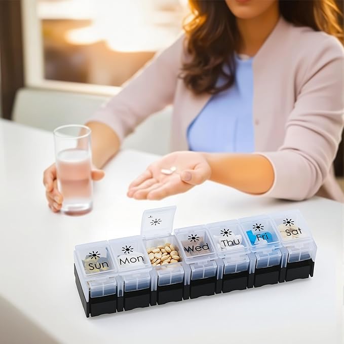 XL Large AM/PM Weekly Pill Organizer Arthritis Friendly, 2 Times a Day Pill Box with Spring Open Design, 7 Day Vitamin Case with Push Button Compartments (Black & Clear)