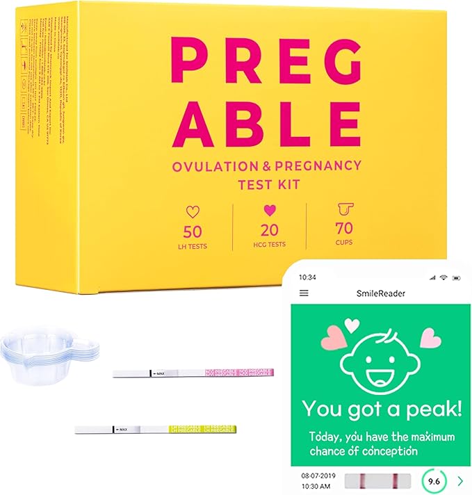 Combo Kit: 50 Ovulation Tests, 20 Pregnancy Tests & 70 Cups, Free Tracker app, SmileReader, OPKs, HPTs (50LH + 20HCG + 70CUPS (Pack of 1))