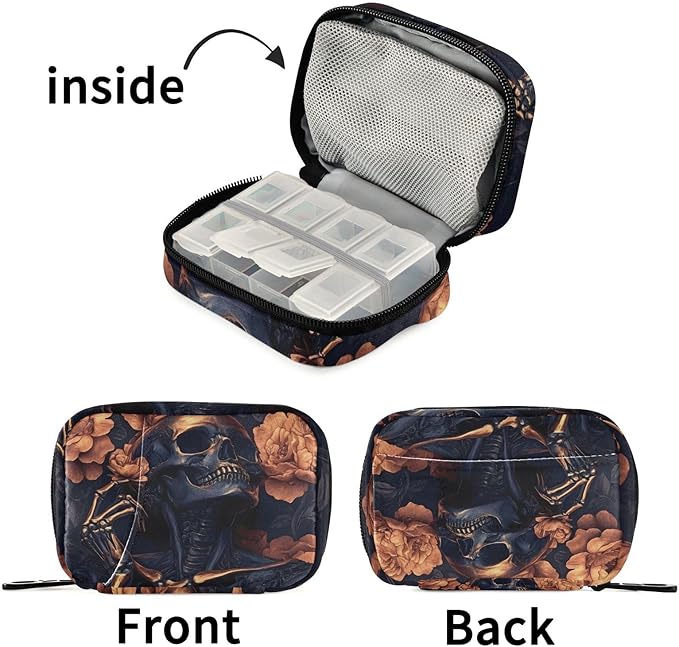 Pill Organizer Case Bronze Skull Print, Pill Box 7 Days Portable Weekly Pill Purse Pouch
