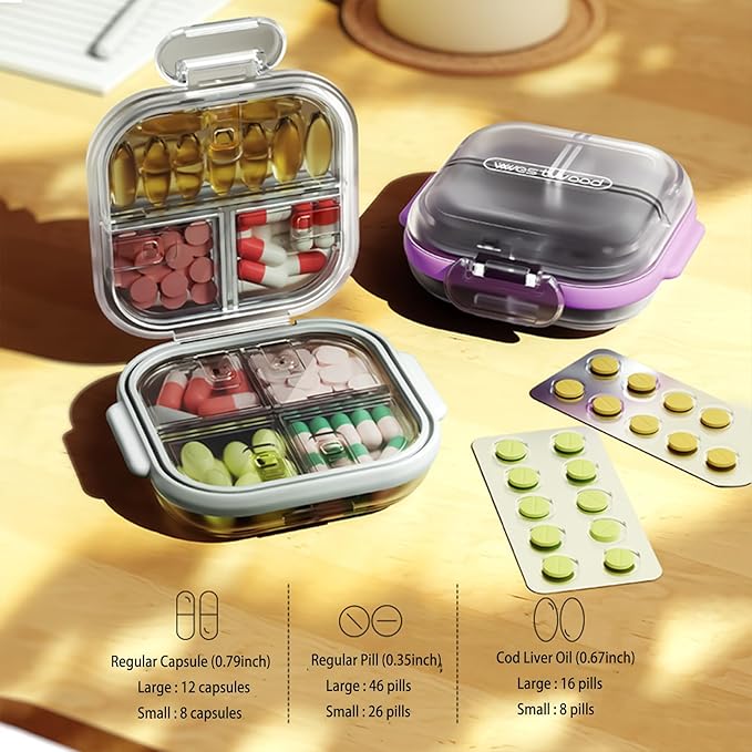 Travel Pill Organizer, 8 Compartments Portable Pill Case, Daily Pill Box to Hold Vitamins, Small Pill Container for Pocket Purse Medicine Organizer (White)