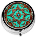 Small Pocket Pill Case, Daily Single Pill Box Organizer Portable for Purse Travel, One Day Mini Pill Container for Pills Vitamin Fish Oil Supplements (Rustic Brown Teal Western Country Tooled Leather)