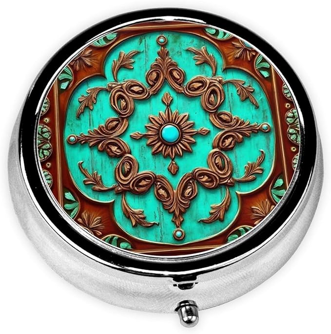Small Pocket Pill Case, Daily Single Pill Box Organizer Portable for Purse Travel, One Day Mini Pill Container for Pills Vitamin Fish Oil Supplements (Rustic Brown Teal Western Country Tooled Leather)