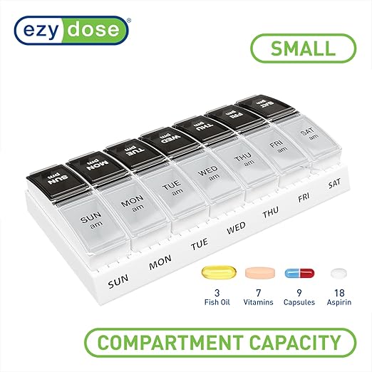 EZY DOSE Weekly (7-Day) Daily AM/PM Pill Case, Medicine Planner, Vitamin Organizer, Supplement Container, Small Pop-out Compartments, Designed for Travel, 2 Times a Day, Black and Clear Lids