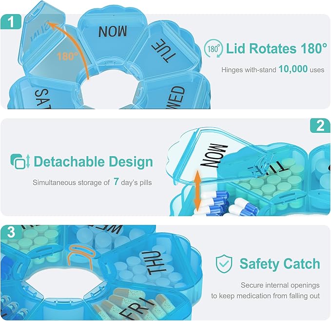 Enlarged Weekly Pill Organizer 7 Day, Daily Pill Box with Never Faded Etched 3D Date Labels, Travel Pill Case with Large Compartment for Medication, Vitamin, Fish Oil, Supplements-Blue