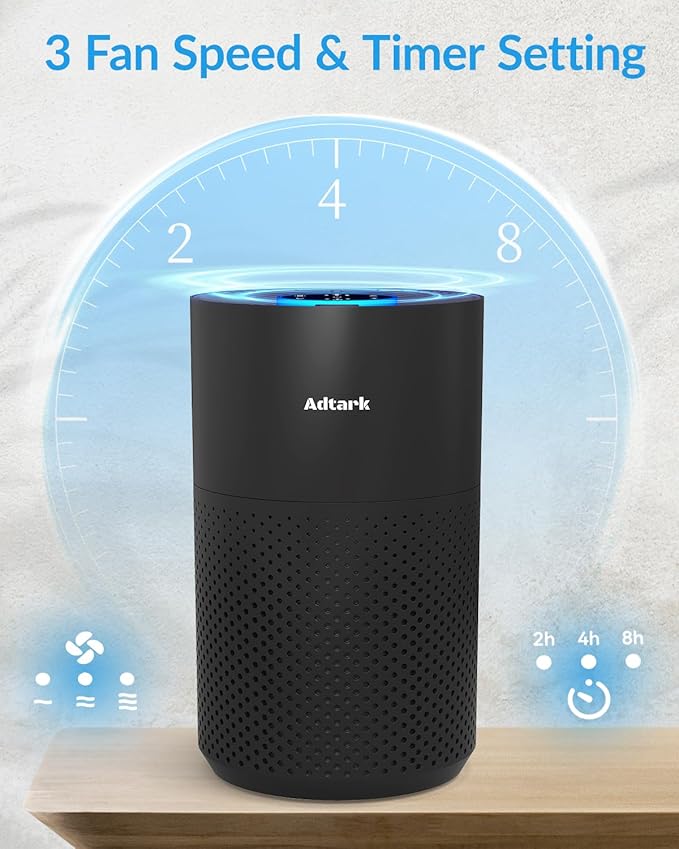 Air Purifiers for Home Bedroom, ADTARK Air Cleaner with 3-in-1 Filter, Sleep Mode & Aroma Function, 3 Light Modes, Room Air Purifier with 3 Timer for Office, Dorm, Hotel (Black)