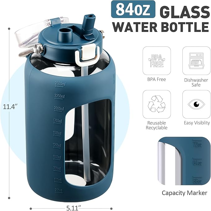 84oz Glass Water Bottle with Stainless Steel Handle,2.5L Gallon Water Bottle with 2-IN-1 Straw Lid, Silicone Sleeve and Motivational Capacity Marker, Wide Mouth Water Jug For Gym, Dark Blue