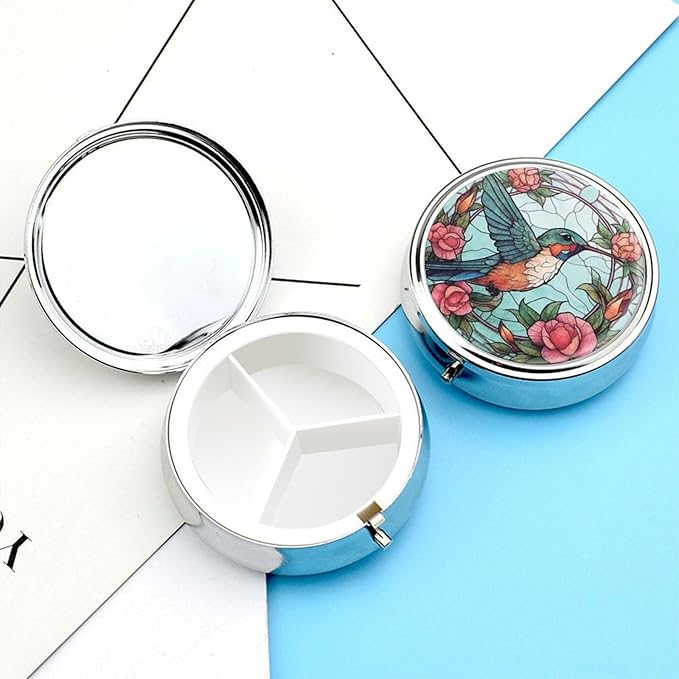 Transparent 3-Compartment Medicine Pill Case, Portable Round Pill Box for Pocket or Purse, Decorative Metal Medicine Vitamin Organizer. (Birds and Flowers)