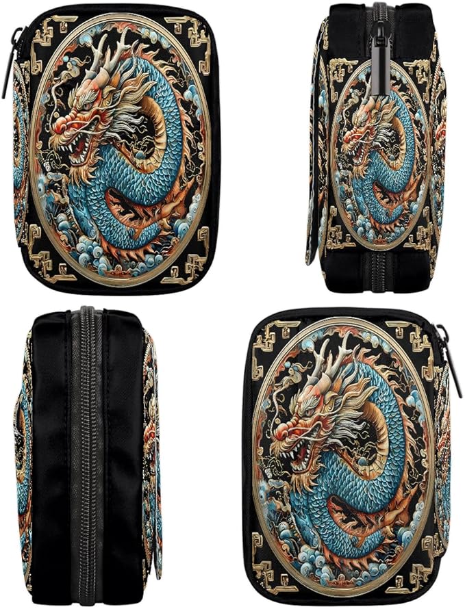 Weekly Travel Pill Organizer Case for Purse with Removable 7 Day Box Portable Compact Size Pill Box Fashionable Pill Container for Medicine Vitamin Supplement Dragon Ethnic